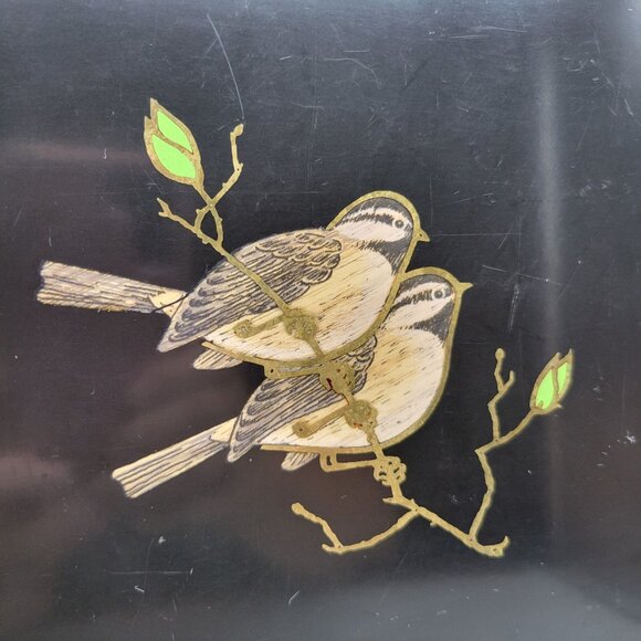Couroc Chickadees on Branch Rectangular Tray Hand Inlaid Wood - Picture 2 of 6